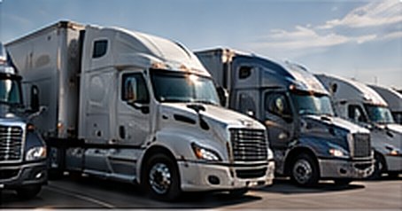 Row of white semi trucks parked at a fleet yard
