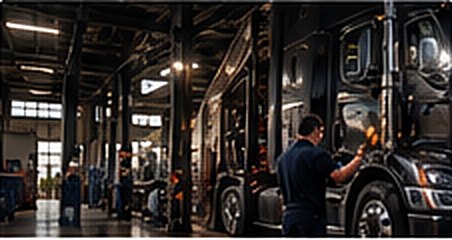 Mechanic servicing a semi truck in a repair shop