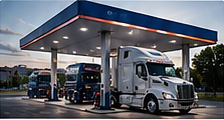 Semi trucks fueling at a truck stop
