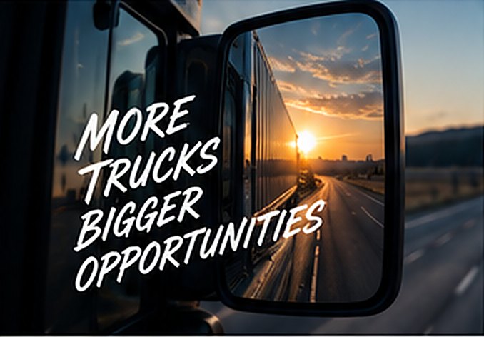 Semi truck side mirror reflecting a highway sunset — More trucks, bigger opportunities